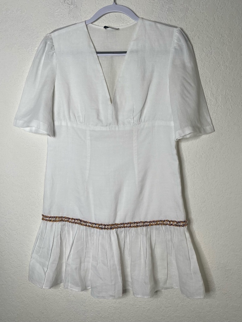 Sandro Paris Ramie Mini Dress 38 US 6 White Boucle Tweed Trim Ruffle Hem Lined